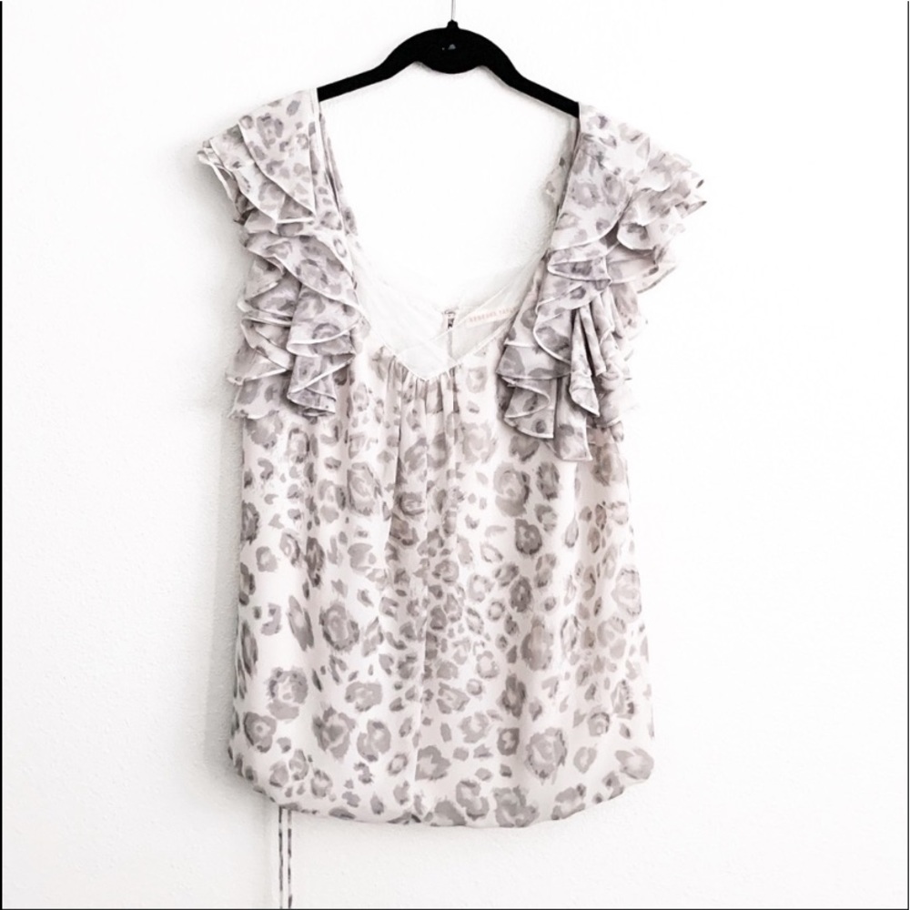 Rebecca Taylor Cheetah Print V Neck Ruffle Tank